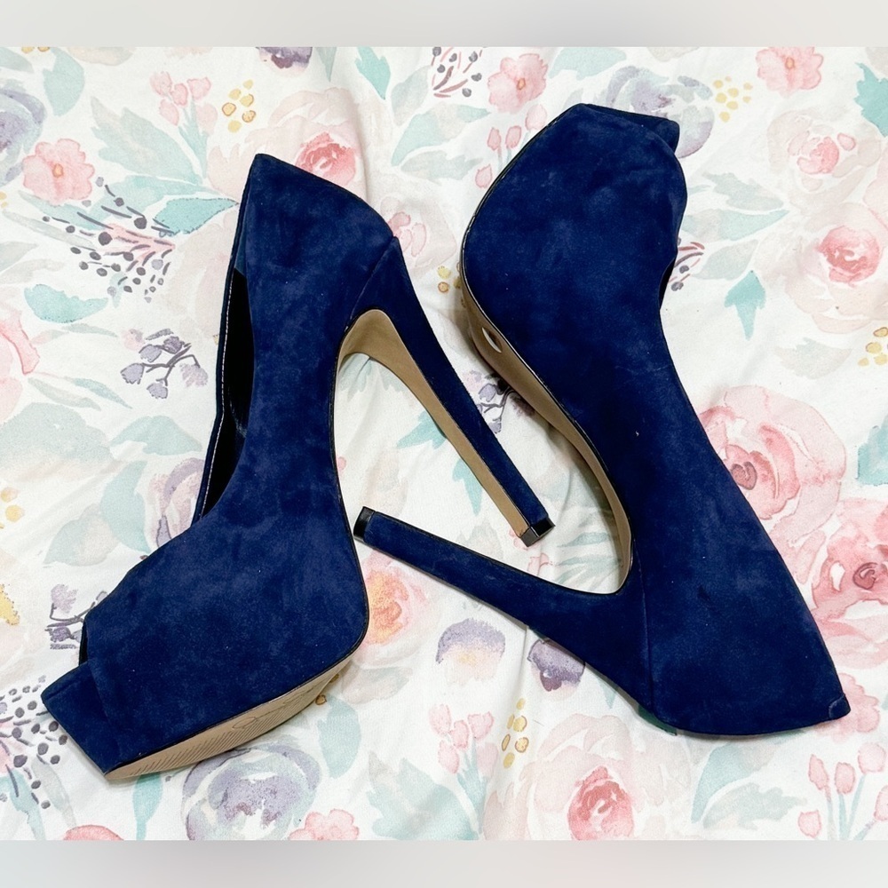 Jessica Simpson Navy Blue Suede Peep-Toe Platform Stiletto Heels
